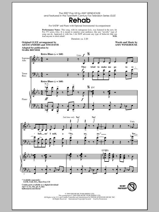 Download Mark Brymer Rehab Sheet Music and learn how to play SATB Choir PDF digital score in minutes