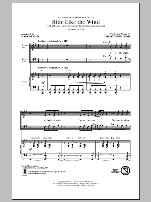 Download Christopher Cross Ride Like The Wind (arr. Mark Brymer) Sheet Music and learn how to play SATB PDF digital score in minutes