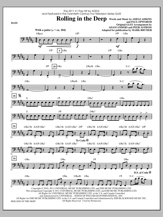 Download Mark Brymer Rolling In The Deep - Bass Sheet Music and learn how to play Choir Instrumental Pak PDF digital score in minutes