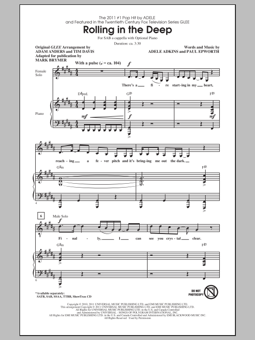 Download Glee Cast Rolling In The Deep (arr. Mark Brymer) Sheet Music and learn how to play SSA PDF digital score in minutes