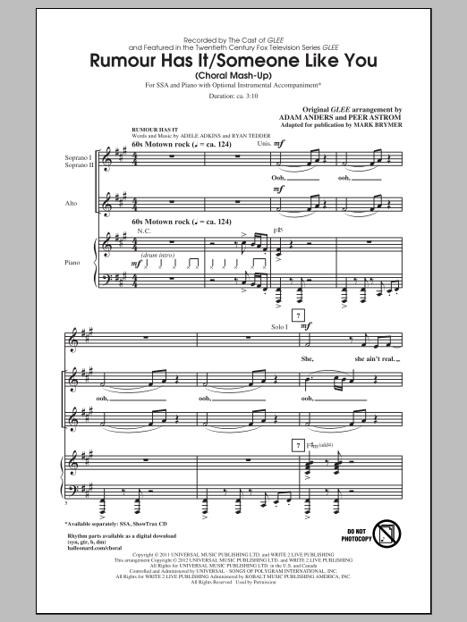 Download Adele Rumour Has It / Someone Like You (arr. Mark Brymer) Sheet Music and learn how to play SSA PDF digital score in minutes
