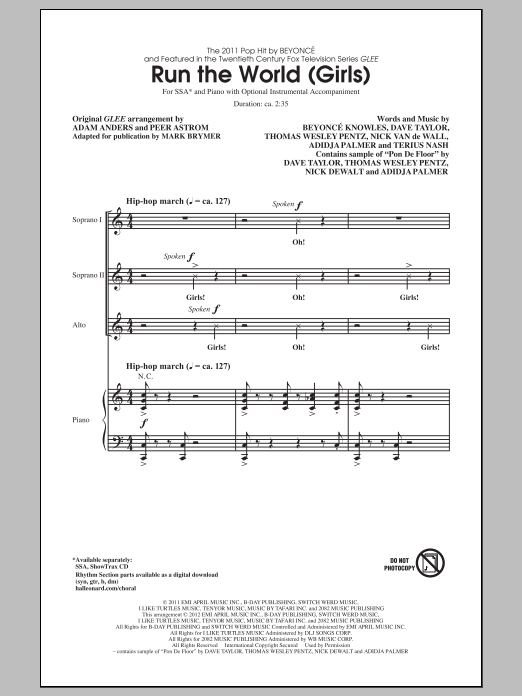 Download Glee Cast Run The World (arr. Mark Brymer) Sheet Music and learn how to play SSA PDF digital score in minutes