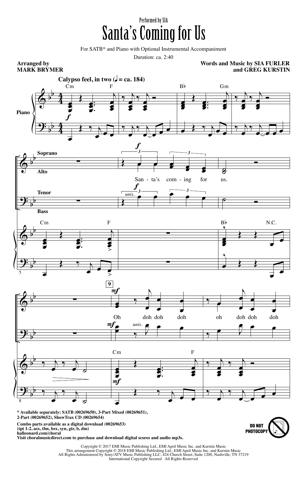 Download Mark Brymer Santa's Coming For Us Sheet Music and learn how to play 3-Part Mixed Choir PDF digital score in minutes