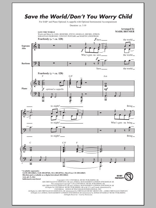 Download Swedish House Mafia Save The World/Don't You Worry Child (arr. Mark Brymer) Sheet Music and learn how to play Choral PDF digital score in minutes