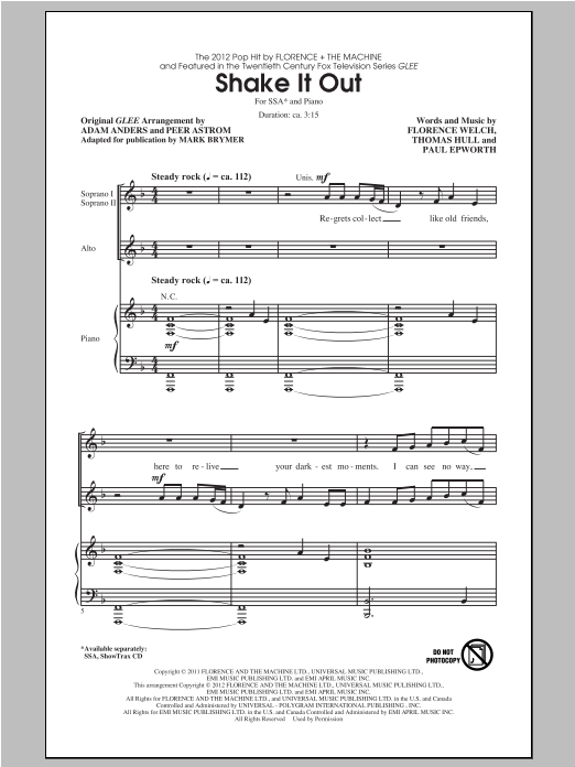Download Glee Cast Shake It Out (arr. Mark Brymer) Sheet Music and learn how to play SSA PDF digital score in minutes