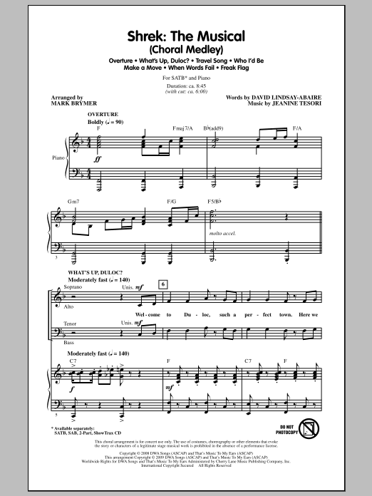 Download Mark Brymer Shrek: The Musical (Choral Medley) Sheet Music and learn how to play SATB Choir PDF digital score in minutes