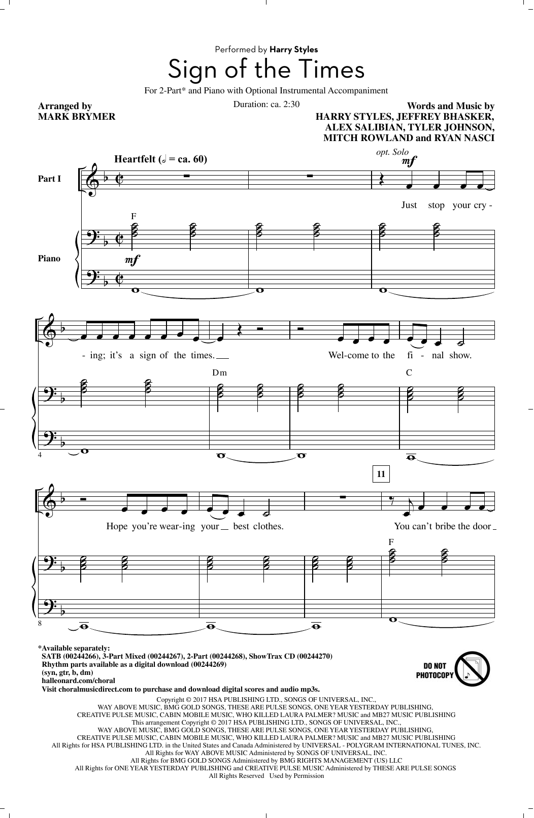 Download Mark Brymer Sign Of The Times Sheet Music and learn how to play SATB PDF digital score in minutes