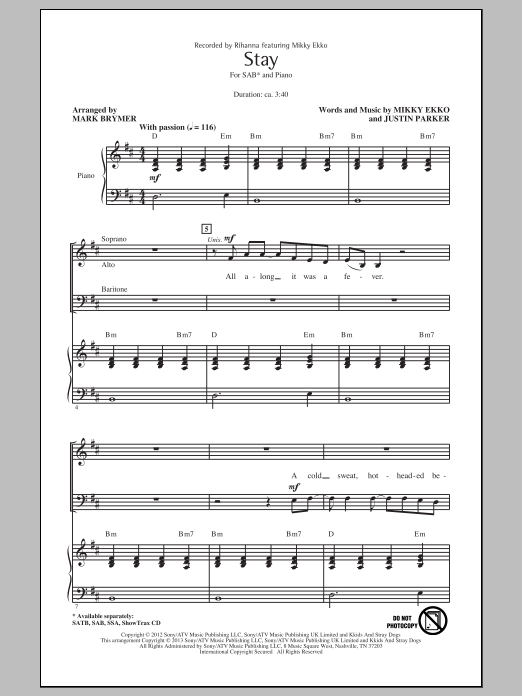 Download Rihanna Stay (arr. Mark Brymer) Sheet Music and learn how to play SATB PDF digital score in minutes