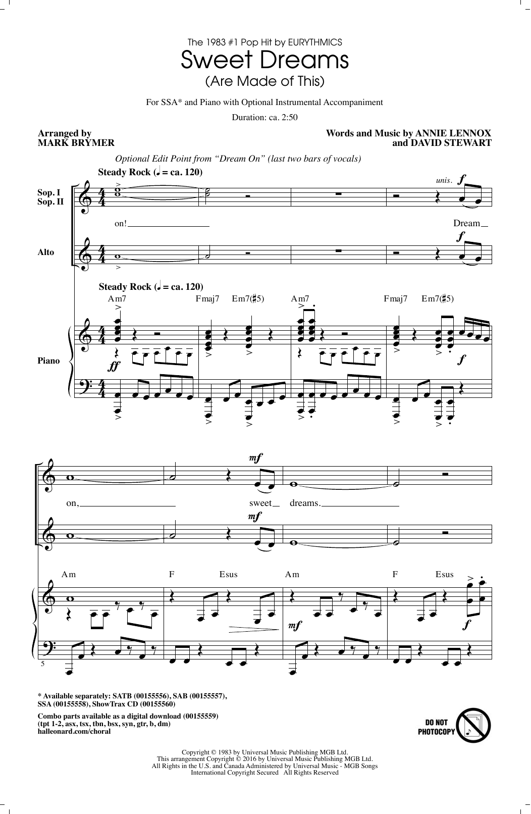 Download Mark Brymer Sweet Dreams (Are Made Of This) Sheet Music and learn how to play SAB PDF digital score in minutes
