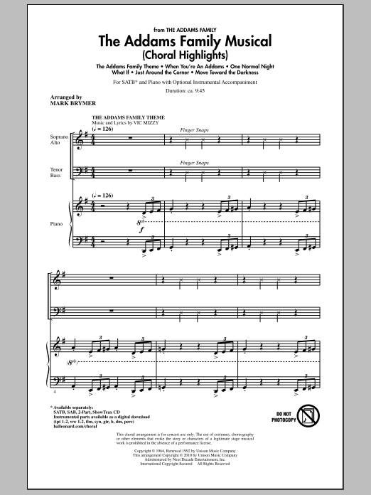 Download Mark Brymer The Addams Family Musical (Choral Highlights) Sheet Music and learn how to play 2-Part Choir PDF digital score in minutes