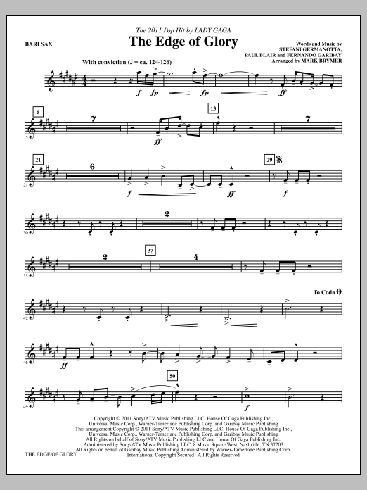 Download Mark Brymer The Edge Of Glory - Baritone Saxophone Sheet Music and learn how to play Choir Instrumental Pak PDF digital score in minutes