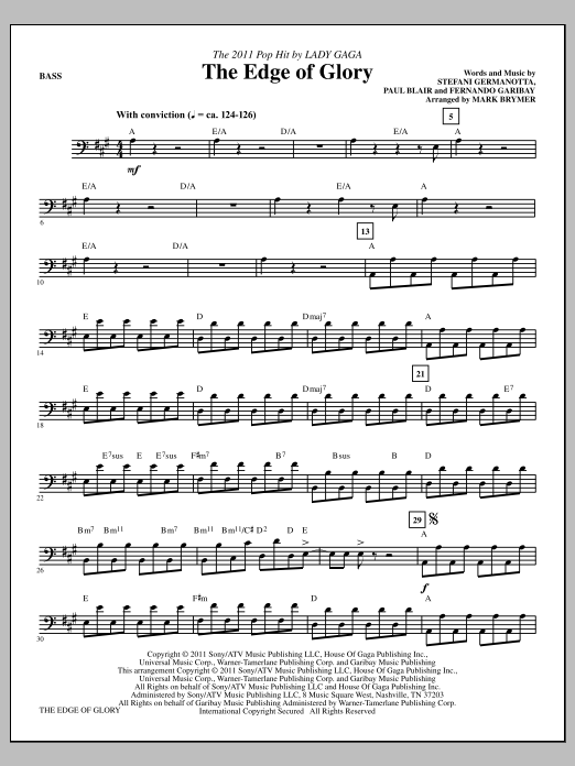 Download Mark Brymer The Edge Of Glory - Bass Sheet Music and learn how to play Choir Instrumental Pak PDF digital score in minutes