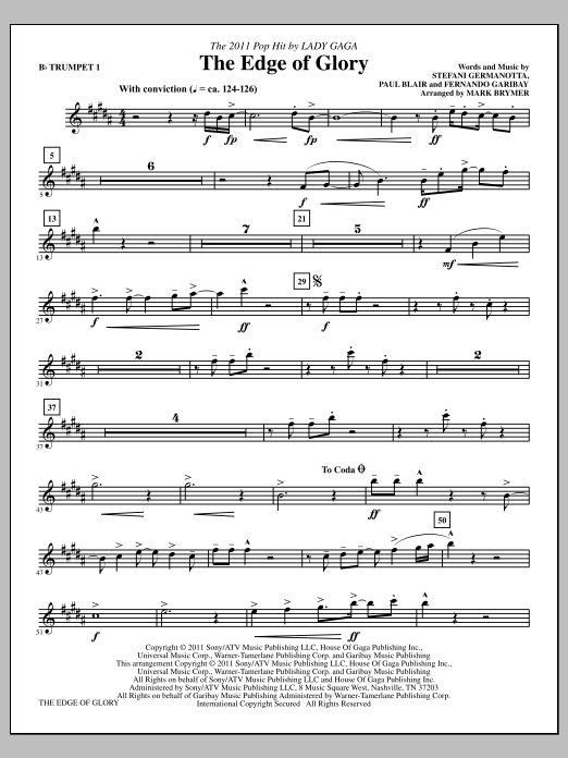 Download Mark Brymer The Edge Of Glory - Bb Trumpet 1 Sheet Music and learn how to play Choir Instrumental Pak PDF digital score in minutes