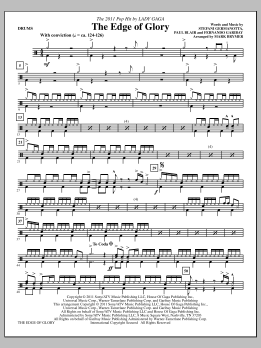 Download Mark Brymer The Edge Of Glory - Drums Sheet Music and learn how to play Choir Instrumental Pak PDF digital score in minutes