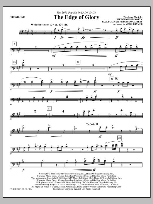 Download Mark Brymer The Edge Of Glory - Trombone Sheet Music and learn how to play Choir Instrumental Pak PDF digital score in minutes