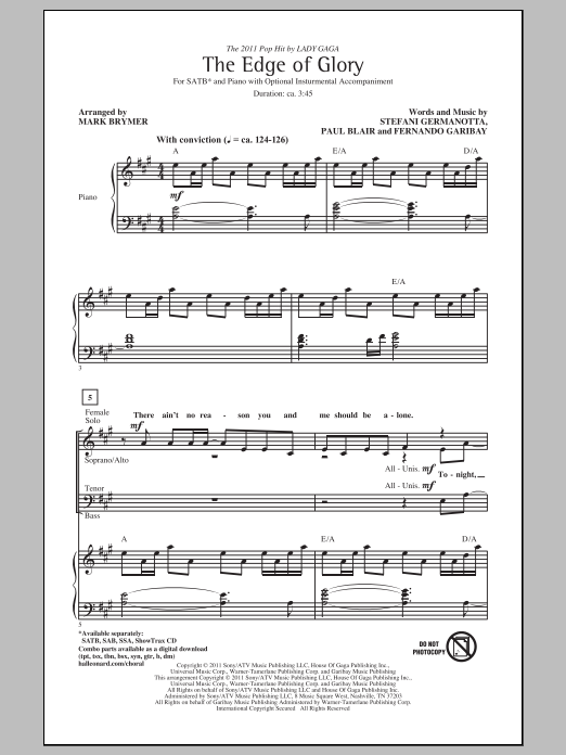 Download Lady Gaga The Edge Of Glory (arr. Mark Brymer) Sheet Music and learn how to play SAB PDF digital score in minutes
