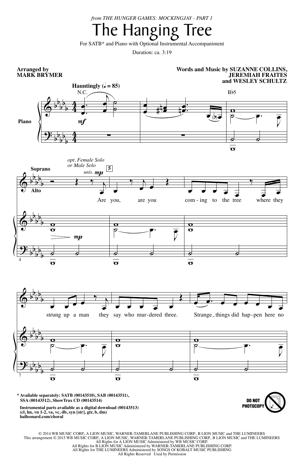 Download James Newton Howard The Hanging Tree (arr. Mark Brymer) Sheet Music and learn how to play SATB PDF digital score in minutes