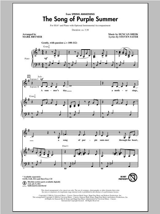Download Duncan Sheik The Song Of Purple Summer (arr. Mark Brymer) Sheet Music and learn how to play SSA PDF digital score in minutes