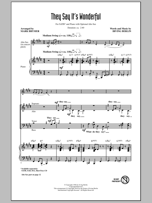 Download Mark Brymer They Say It's Wonderful Sheet Music and learn how to play SATB Choir PDF digital score in minutes