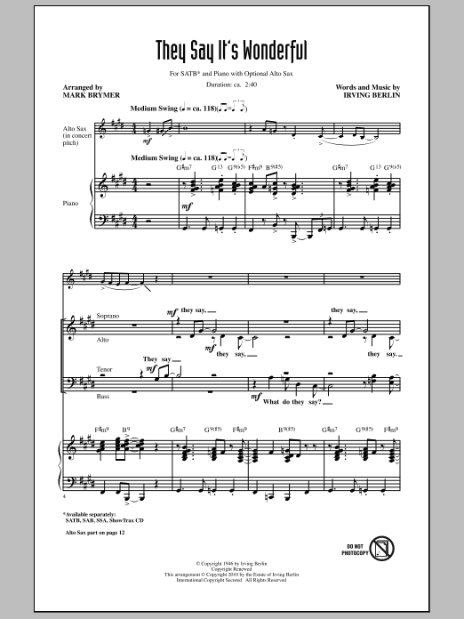 Download Mark Brymer They Say It's Wonderful Sheet Music and learn how to play SAB Choir PDF digital score in minutes
