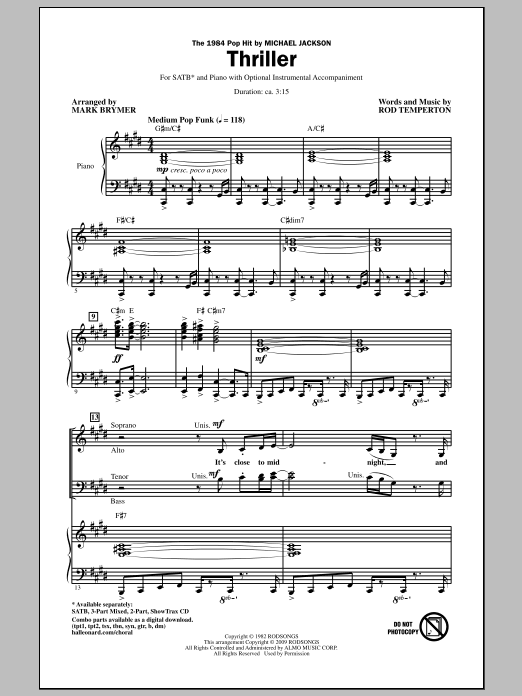 Download Mark Brymer Thriller Sheet Music and learn how to play 3-Part Mixed Choir PDF digital score in minutes