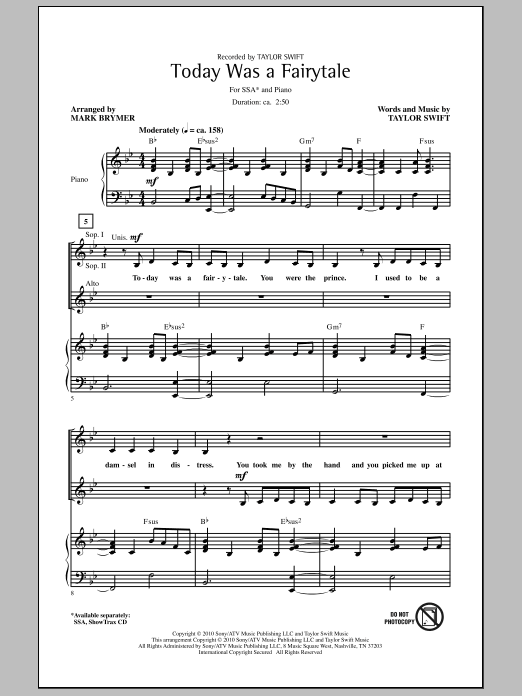 Download Mark Brymer Today Was A Fairytale Sheet Music and learn how to play SSA Choir PDF digital score in minutes