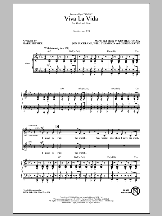 Download Coldplay Viva La Vida (arr. Mark Brymer) Sheet Music and learn how to play SSA PDF digital score in minutes