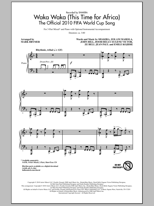 Download Mark Brymer Waka Waka (This Time For Africa) - The Official 2010 FIFA World Cup Song Sheet Music and learn how to play SATB Choir PDF digital score in minutes