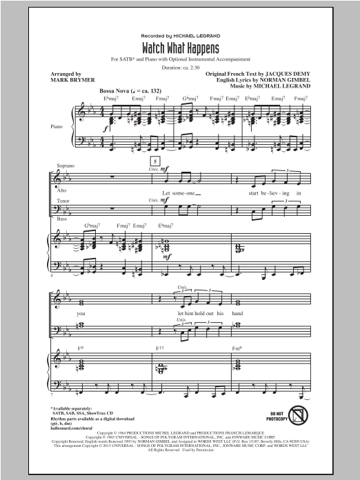 Download Michel Legrand Watch What Happens (arr. Mark Brymer) Sheet Music and learn how to play SAB PDF digital score in minutes