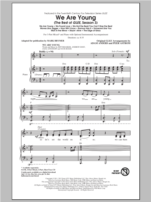 Download Mark Brymer We Are Young, The Best Of Glee Season 3 (Medley) Sheet Music and learn how to play 3-Part Mixed PDF digital score in minutes