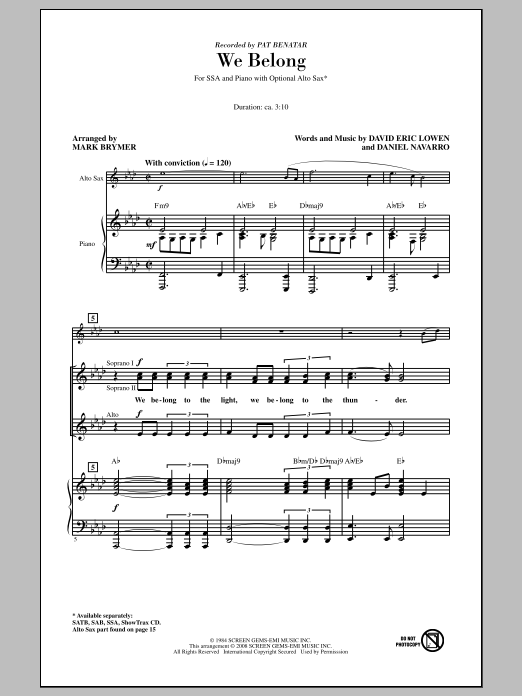 Download Pat Benatar We Belong (arr. Mark Brymer) Sheet Music and learn how to play SAB PDF digital score in minutes