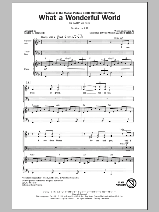 Download Louis Armstrong What A Wonderful World (arr. Mark Brymer) Sheet Music and learn how to play SATB PDF digital score in minutes