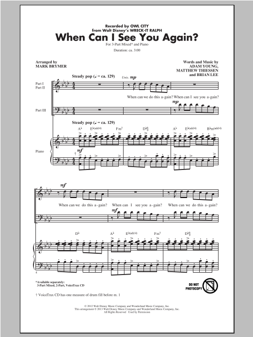 Download Owl City When Can I See You Again? (arr. Mark Brymer) Sheet Music and learn how to play 3-Part Mixed PDF digital score in minutes