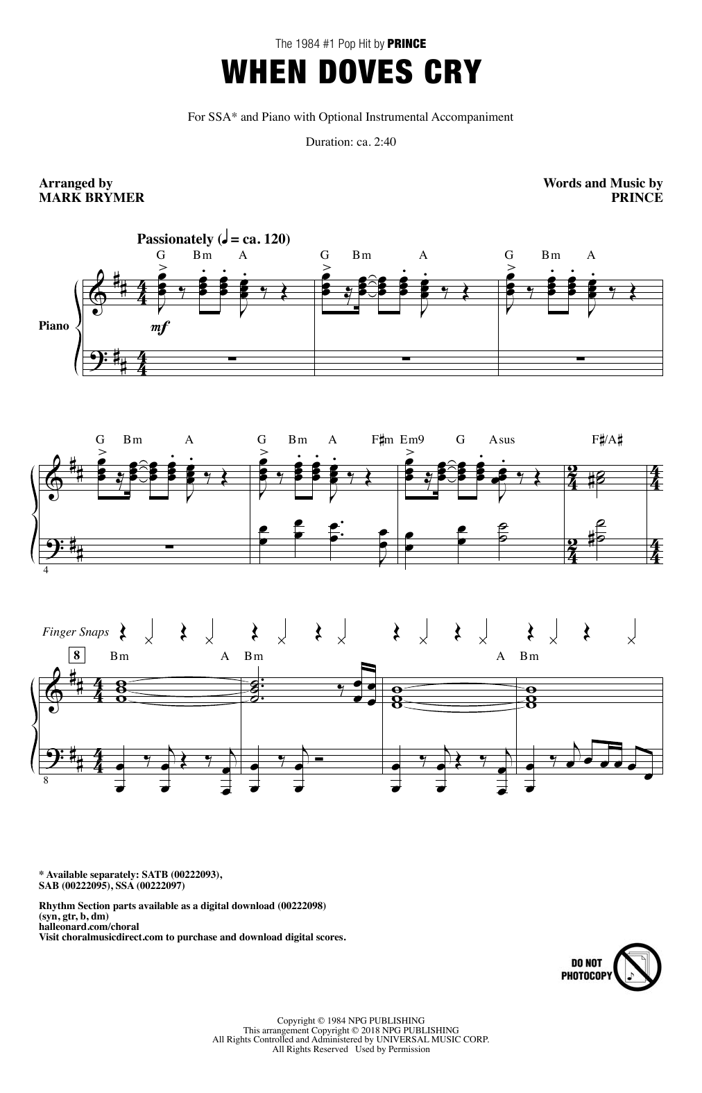 Download Mark Brymer When Doves Cry Sheet Music and learn how to play SAB Choir PDF digital score in minutes