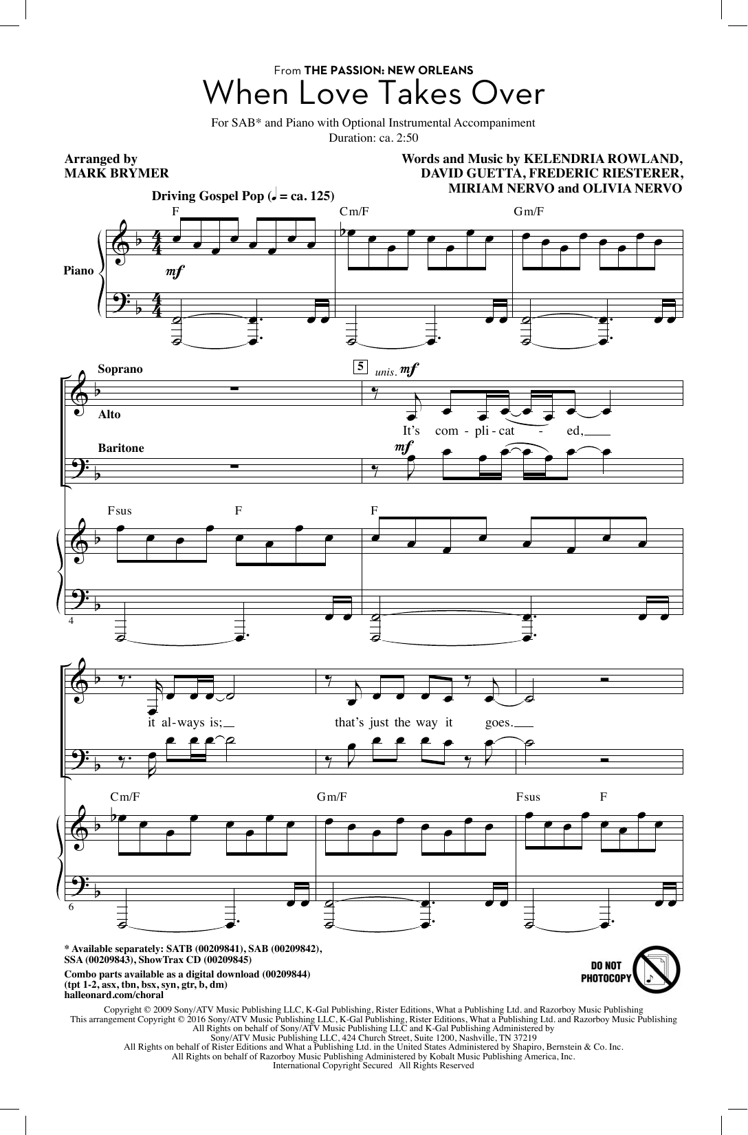 Download Mark Brymer When Love Takes Over Sheet Music and learn how to play SAB PDF digital score in minutes