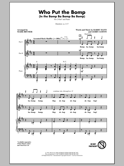 Download Mark Brymer Who Put The Bomp (In The Bomp Ba Bomp Ba Bomp) Sheet Music and learn how to play 3-Part Mixed PDF digital score in minutes