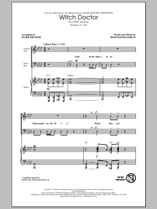 Download Mark Brymer Witch Doctor (from Alvin And The Chipmunks) Sheet Music and learn how to play SATB Choir PDF digital score in minutes