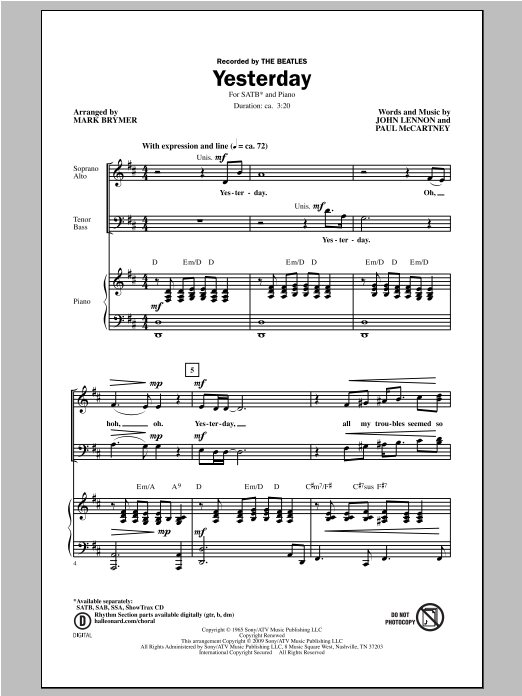 Download Mark Brymer Yesterday Sheet Music and learn how to play SAB PDF digital score in minutes