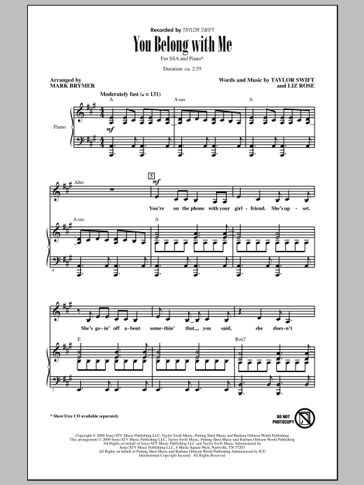 Download Mark Brymer You Belong With Me Sheet Music and learn how to play SSA Choir PDF digital score in minutes