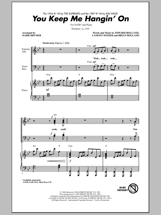 Download Mark Brymer You Keep Me Hangin' On Sheet Music and learn how to play SSA Choir PDF digital score in minutes
