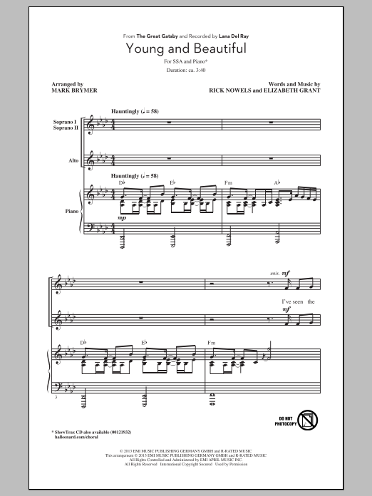 Download Lana Del Rey Young And Beautiful (arr. Mark Brymer) Sheet Music and learn how to play SSA PDF digital score in minutes