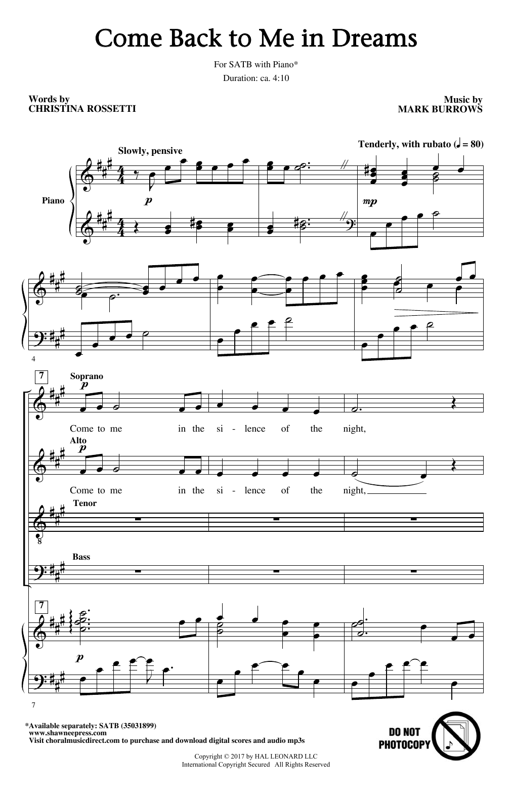 Download Mark Burrows Come Back To Me In Dreams Sheet Music and learn how to play SATB PDF digital score in minutes