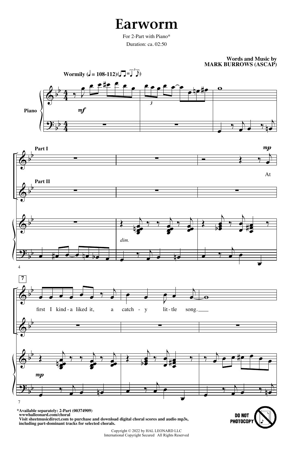 Download Mark Burrows Earworm Sheet Music and learn how to play 2-Part Choir PDF digital score in minutes