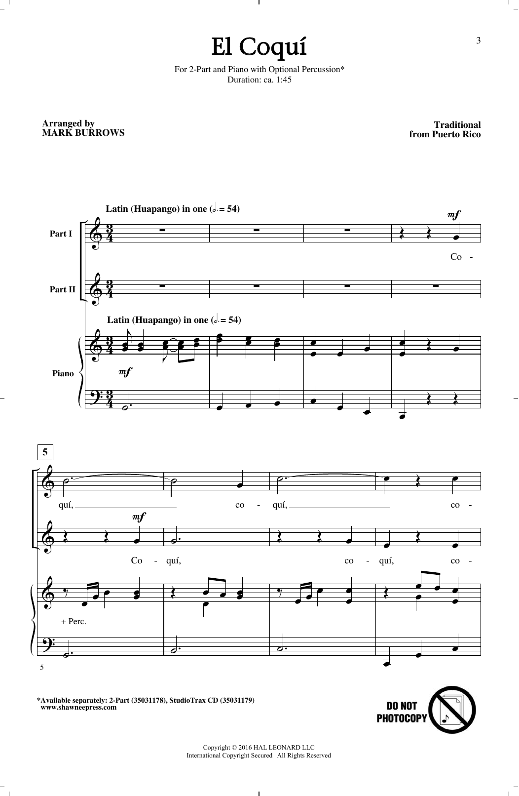 Download Traditional Folksong El Coqui (arr. Mark Burrows) Sheet Music and learn how to play 2-Part Choir PDF digital score in minutes