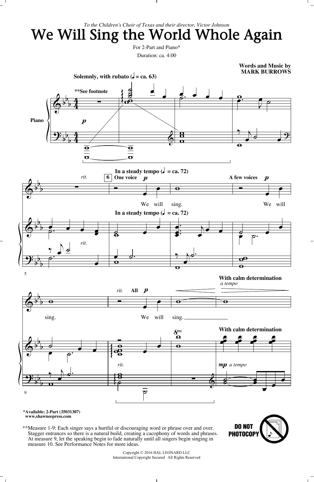 Download Mark Burrows We Will Sing The World Whole Again Sheet Music and learn how to play 2-Part Choir PDF digital score in minutes