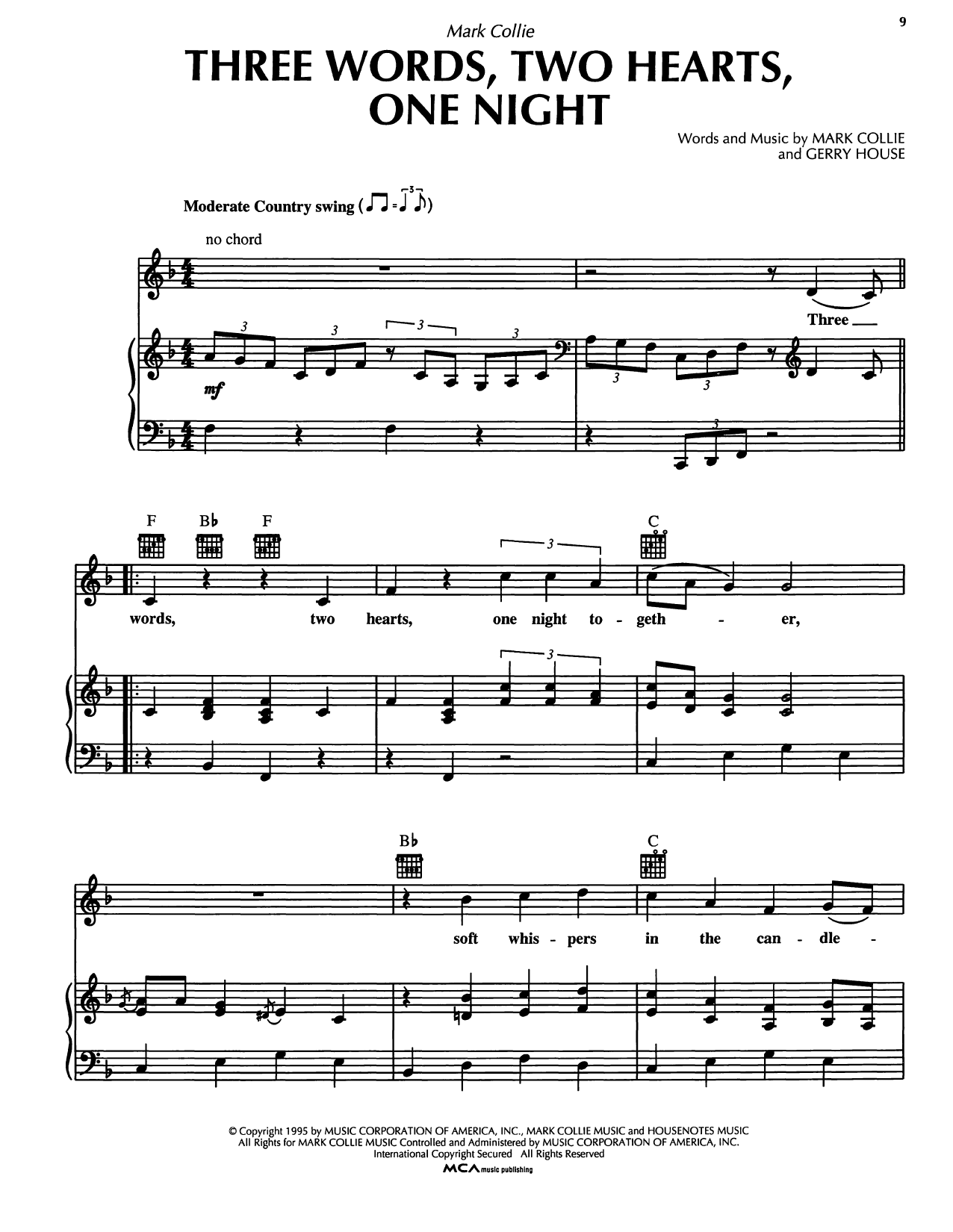 Download Mark Collie Three Words, Two Hearts, One Night Sheet Music and learn how to play Piano, Vocal & Guitar Chords (Right-Hand Melody) PDF digital score in minutes