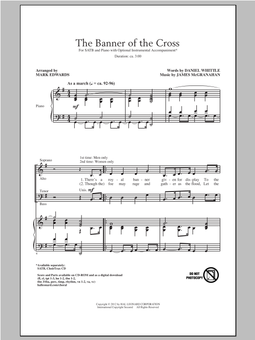 Download James McGranahan The Banner Of The Cross (arr. Mark Edwards) Sheet Music and learn how to play SATB PDF digital score in minutes
