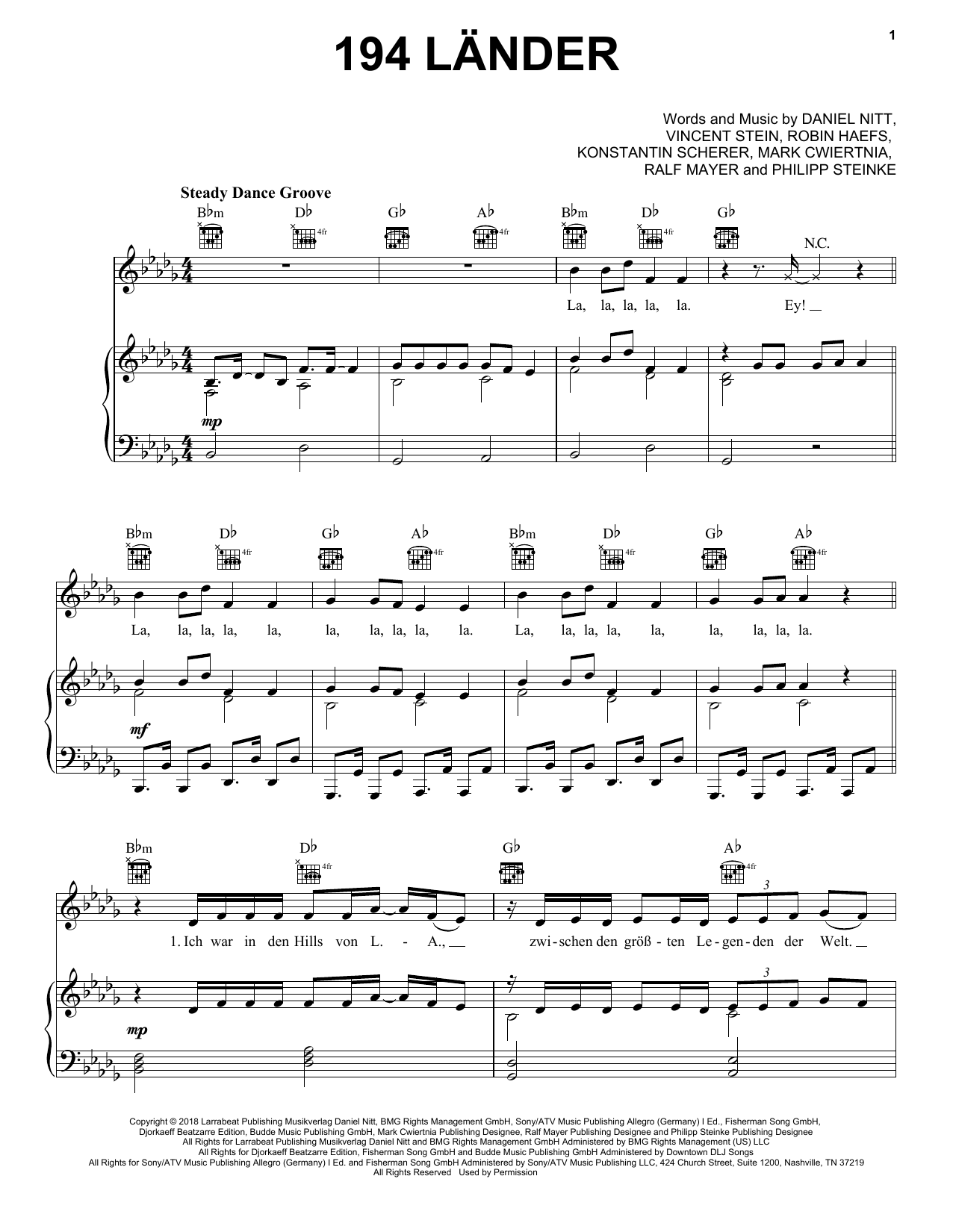 Download Mark Forster 194 Länder Sheet Music and learn how to play Piano, Vocal & Guitar Chords (Right-Hand Melody) PDF digital score in minutes