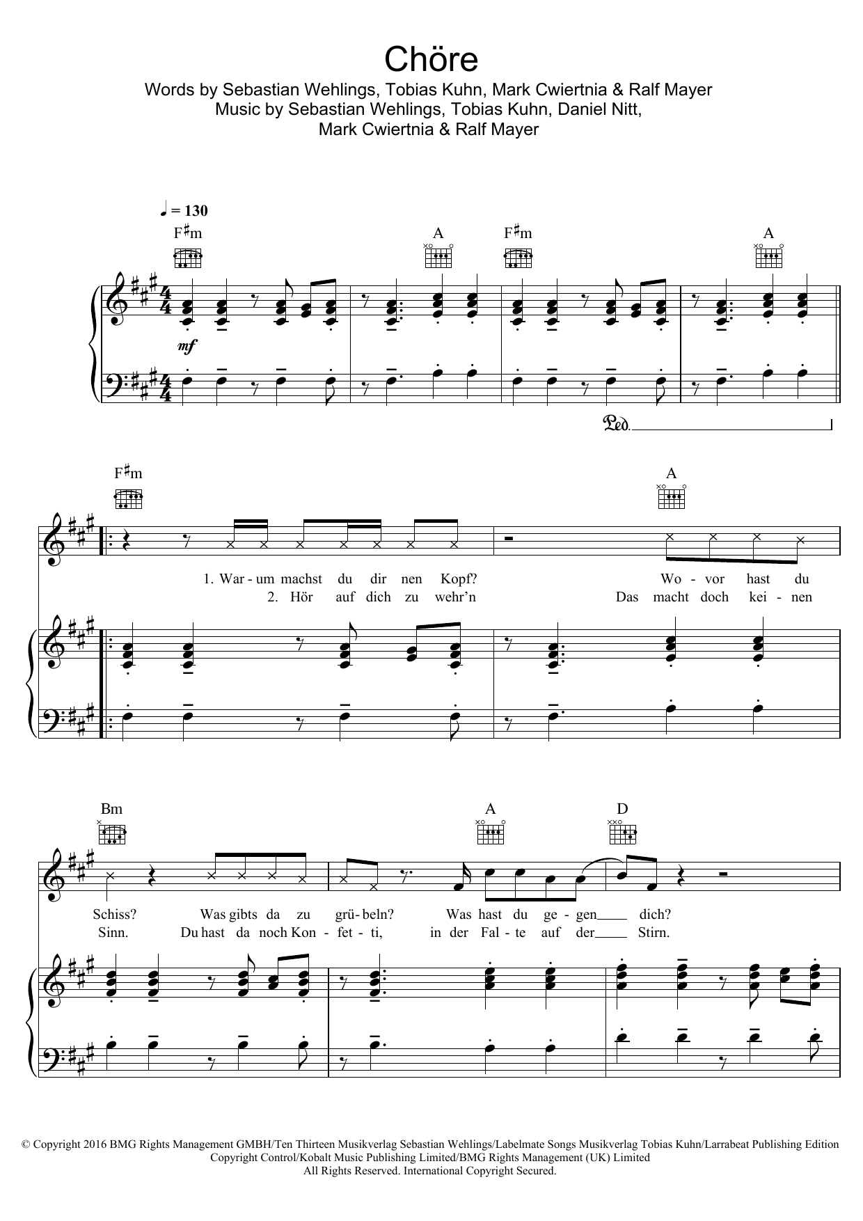 Download Mark Forster Chöre Sheet Music and learn how to play Piano, Vocal & Guitar (Right-Hand Melody) PDF digital score in minutes