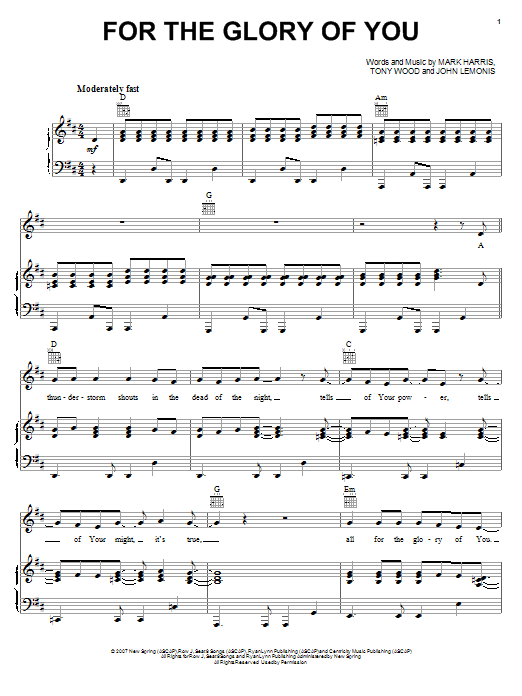 Download Mark Harris For The Glory Of You Sheet Music and learn how to play Piano, Vocal & Guitar (Right-Hand Melody) PDF digital score in minutes